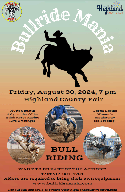 Bullride Mania - Highland County Fair - Monterey, Virginia - bull riding, barrel racing, calf roping