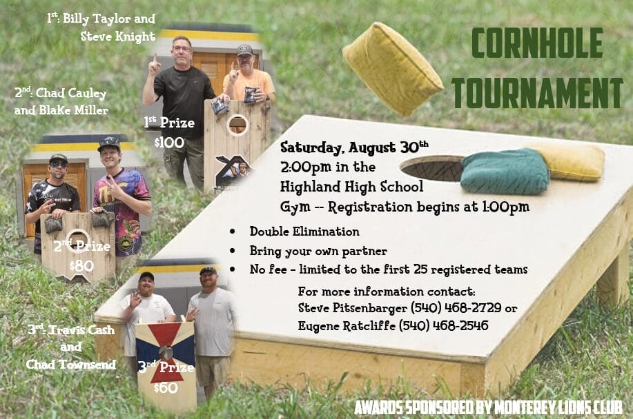 Cornhole competition taking place August 30th at 2pm.