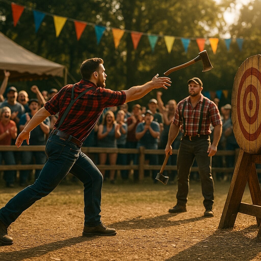 Man throwing an axe in an axe throwing contest