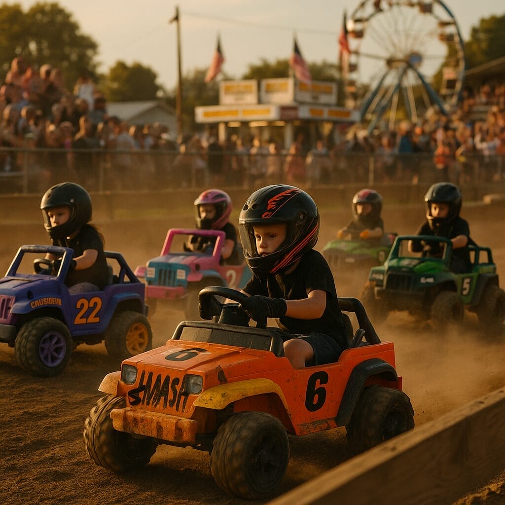 Kids driving power wheel derby vehices around a track